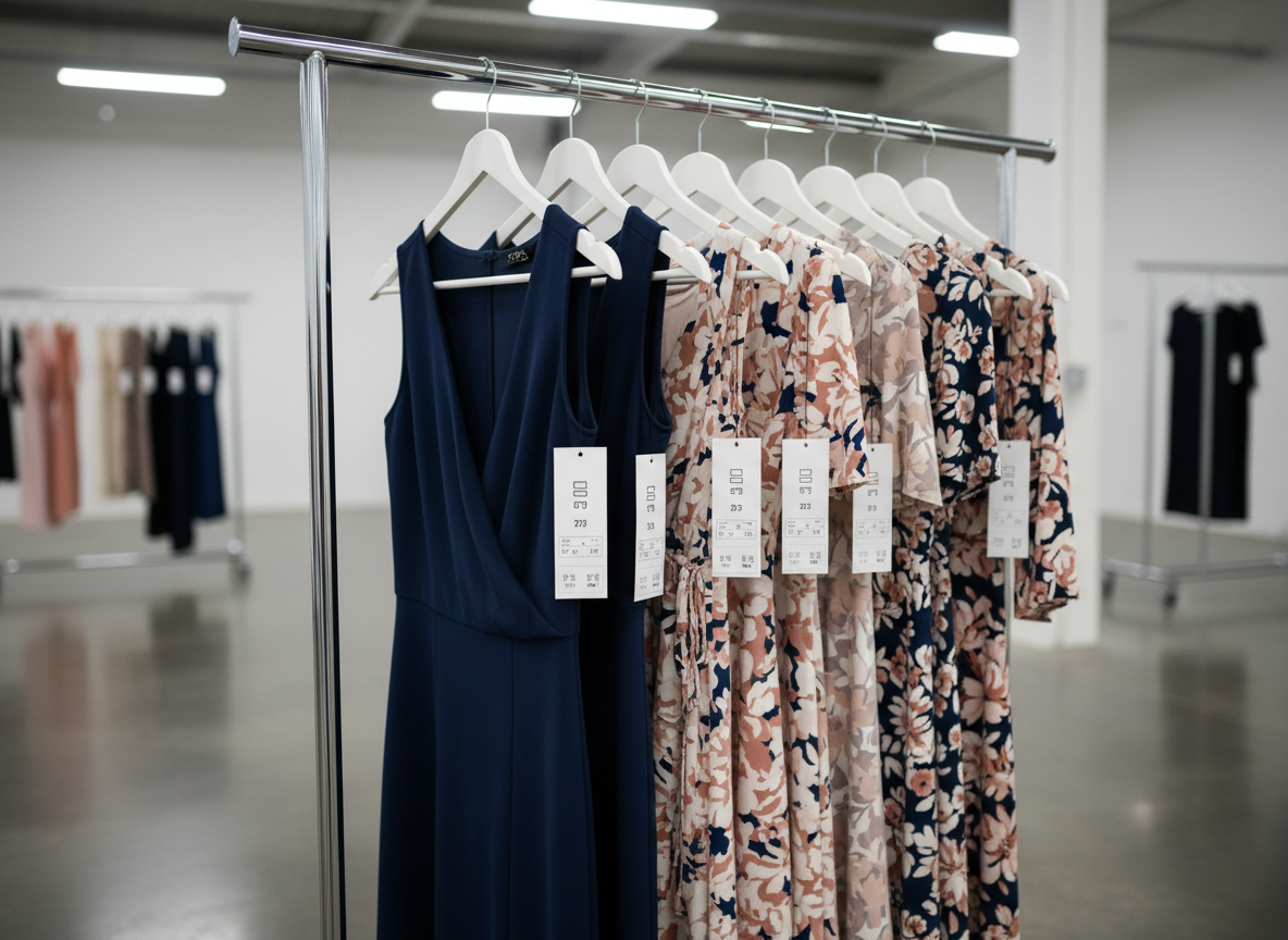 A detailed, photographic close-up of a coordinated run of women’s dresses on a chrome rolling rack, each dress tagged with uniform, non-readable wholesale tags that include tiny icons implying size runs and minimum order quantities. The garments range from sleek monochrome sheath dresses to softly printed wrap styles, all in a cohesive palette of navy, blush, and ivory. The rack stands on a polished concrete floor in a minimalist studio space, with blurred outlines of additional racks receding into the background. Soft, diffused studio lighting from above and slightly behind the camera creates a clean, shadow-light balance, adding a subtle highlight along the hangers and chrome bar. Shot at eye level with a shallow depth of field, the foreground tags and fabric textures are razor sharp, conveying precision and reliability for retail buyers.