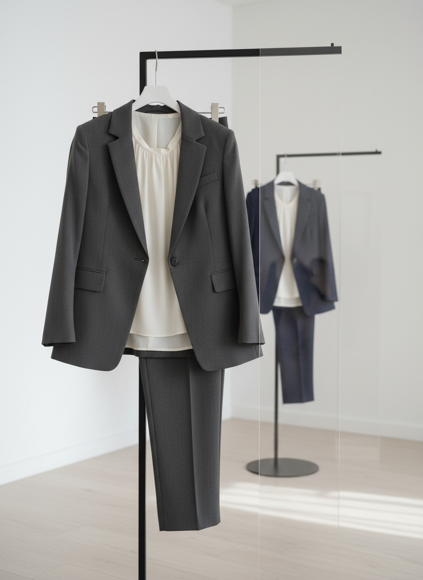 A refined, photographic close-up of a single coordinated women’s wholesale outfit hanging on a minimalist black metal stand: a structured blazer, elegant blouse, and tailored trousers perfectly aligned, with a slim, blank acrylic panel next to it symbolizing product details, sizing, and minimum order information. A second stand in the softly blurred background holds an alternate colorway, hinting at collection depth. The setting is a pristine studio with matte white walls and pale wood flooring. Gentle directional lighting from the upper left creates soft shadows along seams and lapels, accentuating craftsmanship and fabric drape. Shot at eye level with a moderate depth of field, the composition places the outfit slightly off-center, evoking a premium, curated wholesale selection for discerning retailers.