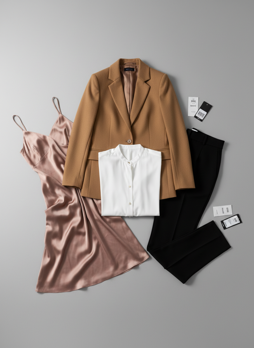 A close-up, photographic view of a curated flat lay showcasing a women’s wholesale capsule collection on a smooth, light grey backdrop: a tailored camel blazer, a crisp white blouse with fine buttons, high-waisted black trousers, and a satin slip dress in muted rose, each precisely arranged with subtle spacing. Small, non-readable pricing cards and abstract barcoded tags sit near each piece, hinting at wholesale tiers and SKU organization. Soft side lighting from the left creates delicate highlights on the satin and gentle shadows along the seams, emphasizing fabric quality and workmanship. Shot from a directly overhead, bird’s eye perspective with sharp focus edge to edge, the composition feels clean, modern, and analytical, ideal for B2B retailers evaluating assortment potential.