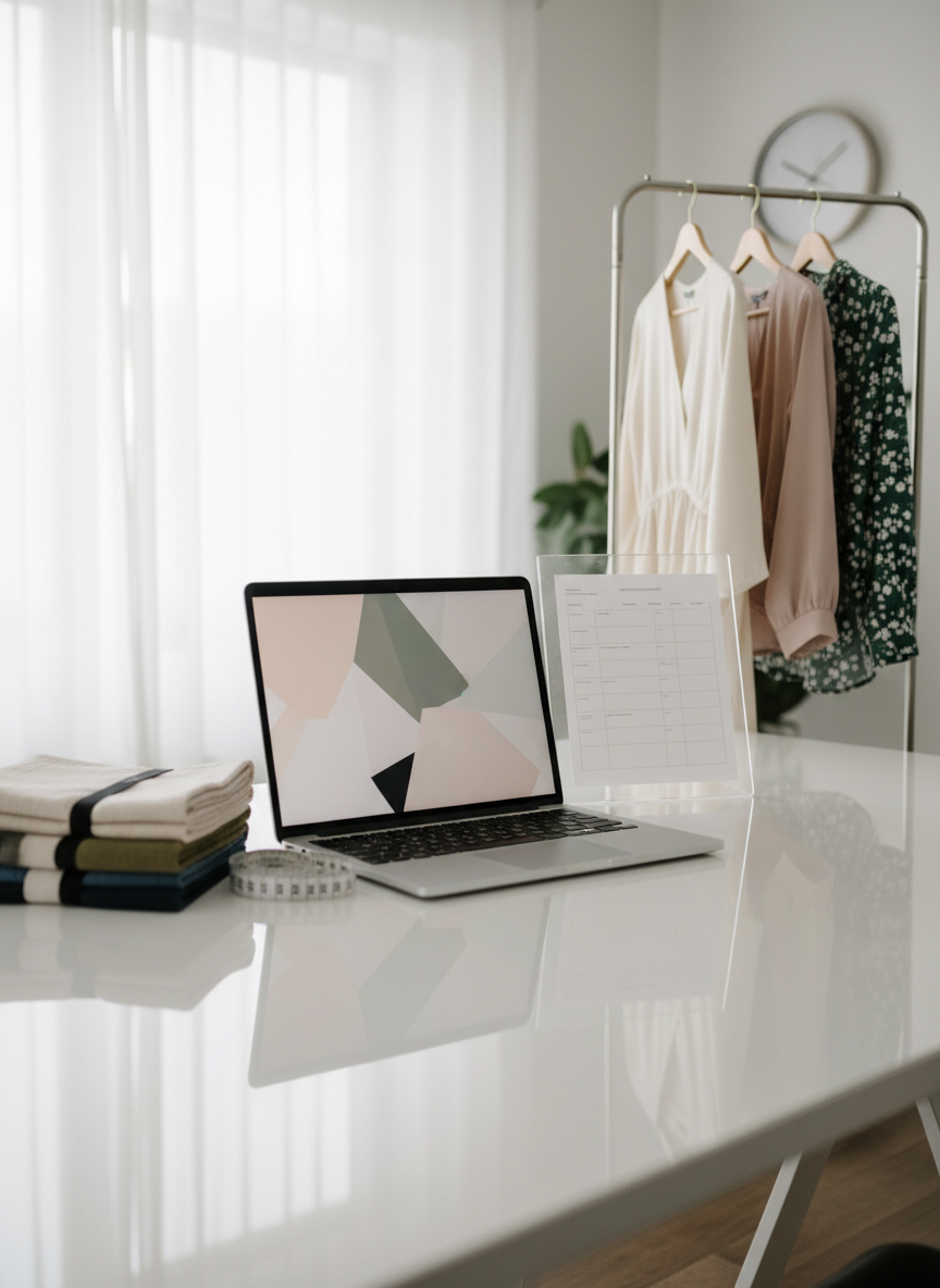 A polished wholesale ordering workspace in photographic realism: an open laptop on a sleek white desk displaying a blurred, abstract fashion ordering interface, surrounded by neatly stacked fabric swatch books, a measuring tape, and a small rack-mounted mini collection of women’s dresses and blouses in coordinated tones. A subtle, frameless acrylic stand holds a blank inquiry-form style sheet with gridded sections, suggesting order minimums and contact fields without using legible text. Natural daylight streams in from a side window, softened by sheer curtains, producing calm, even light and soft reflections on the desk surface. Shot from a slightly elevated angle with a moderate depth of field that keeps the foreground crisp and the background gently softened, the mood is professional, organized, and retailer-focused.