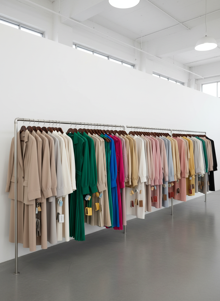 A long, minimalist clothing rail stretching across a bright, modern wholesale studio, filled with coordinated women’s fashion collections grouped by color and style: structured blazers, midi dresses, pleated skirts, and matching sets on sleek wooden hangers. Each cluster subtly suggests pricing tiers and order bundles through hangtag groupings and small colored clips, shown without readable text. A clean white wall and matte concrete floor create a neutral backdrop. Diffused daylight from large unseen windows mixes with soft overhead lighting, casting consistent, shadow-free illumination across the garments. Photographic realism from a slightly elevated wide-angle view, with leading lines drawing the eye down the rail, conveys depth, high inventory capacity, and a polished, business-focused wholesale environment.