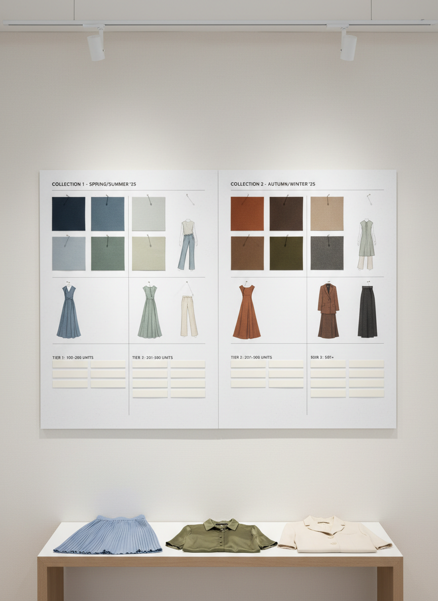 A focused photographic scene of a minimalist wall-mounted board in a showroom, displaying a grid of fabric swatches, miniature garment sketches without faces, and small blank cards grouped into clusters that represent wholesale collection drops and pricing tiers. Below the board, a narrow console table holds an orderly row of folded sample garments—sleek skirts, blouses, and blazers in harmonic color stories. The background is a smooth off-white wall with faint texture. Soft, diffused lighting from an overhead track casts delicate shadows that give depth to pins and cards without harsh contrast. Captured straight-on with sharp focus and balanced framing, the image feels analytical, strategic, and tailored for retailers planning assortments and order quantities.