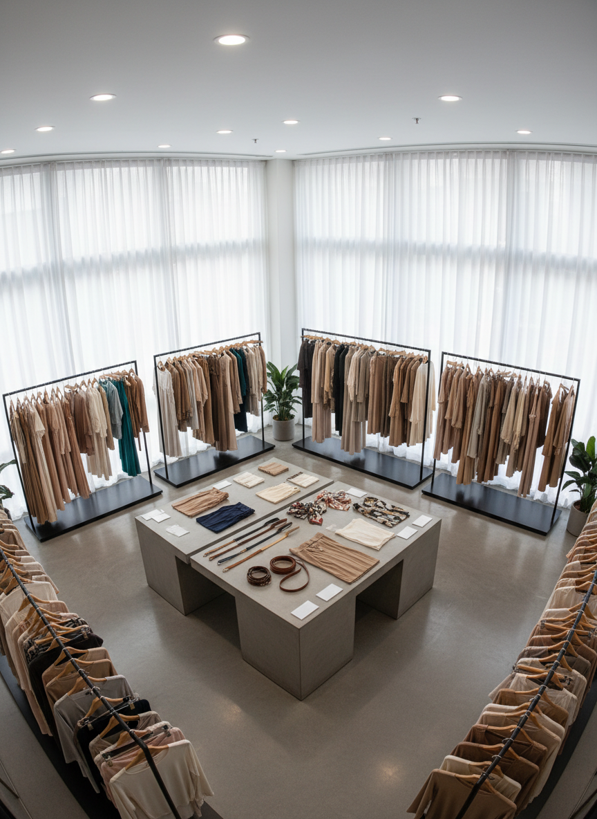 A wide, panoramic photographic view of a contemporary women’s fashion wholesale showroom set up for retailer appointments: multiple parallel garment racks hold organized, color-blocked collections, while central islands display folded coordinates and accessory accents such as belts and scarves. Discreet tabletop stands hold blank, card-like elements positioned where line sheets, order forms, and pricing summaries would be, maintaining a text-free yet clearly B2B-focused environment. Large floor-to-ceiling windows on one side flood the room with bright, diffused natural light, softened by sheer white panels, while subtle recessed ceiling lights add even illumination. Captured from a high corner angle with a wide lens, the image reveals the full spatial layout, conveying scale, professionalism, and readiness to support serious wholesale buying.