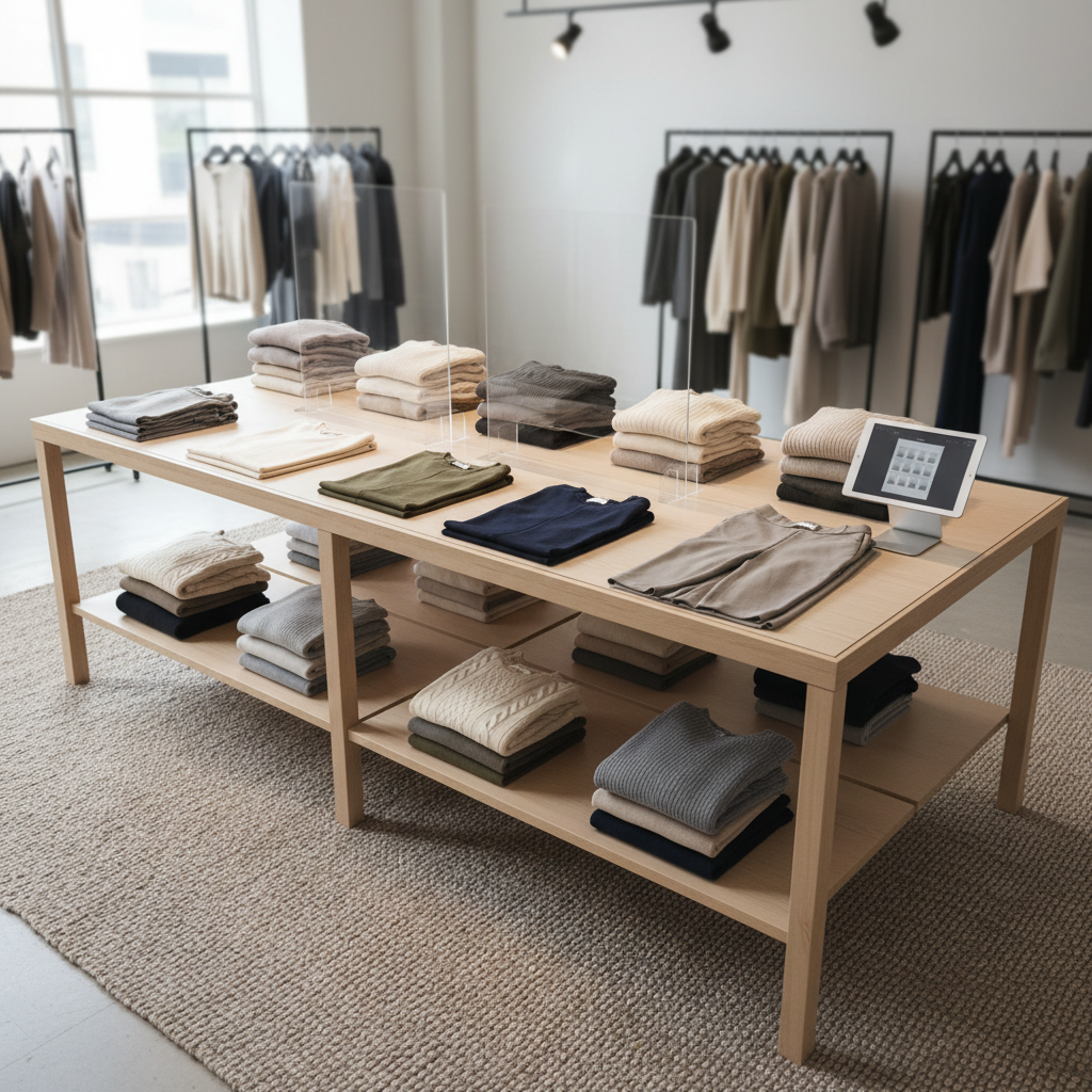A structured merchandising table designed for wholesale buyers, photographed from a three-quarter elevated angle, displaying neatly folded stacks of women’s knitwear, tailored trousers, and coordinated tops separated by slim acrylic dividers that quietly suggest bundle sizes and tiers. Each stack is perfectly aligned, with subtle variations in color gradient from light to dark. A slim, tablet-style device rests on a stand at one corner, its screen softly blurred to imply a digital line sheet. The space around the table is open and airy, with a neutral-toned rug beneath and minimalist metal racks in the softly out-of-focus background. Soft overhead lighting, complemented by gentle daylight from one side, creates a calm, organized, and efficient B2B atmosphere in photographic realism.