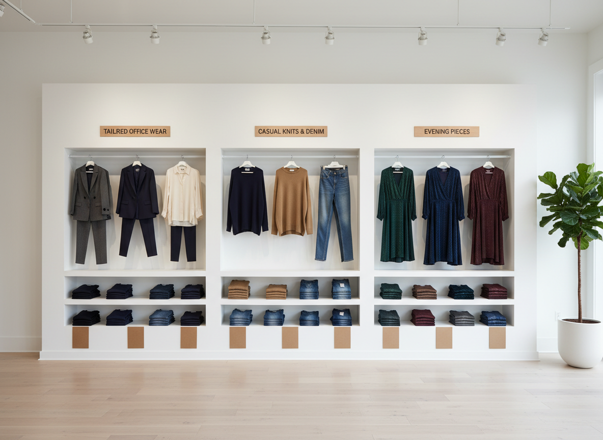A dedicated wholesale collection wall in a bright showroom, featuring clearly segmented women’s fashion groupings: one section of tailored office wear, one of casual knits and denim, and another of evening pieces with subtle shimmer. Under each section, minimalist shelving holds neatly stacked duplicates to suggest depth of stock and minimum order bundles, with small blank placards where pricing tiers would appear. The environment has a clean white wall, pale wood flooring, and a single large plant in a modern pot adding warmth. Balanced overhead lighting with slight directional emphasis from the right creates gentle shadows that sculpt the garments. Photographic realism, captured at eye level with a wide, symmetrical composition, conveys clarity, structure, and a trustworthy wholesale brand presence.