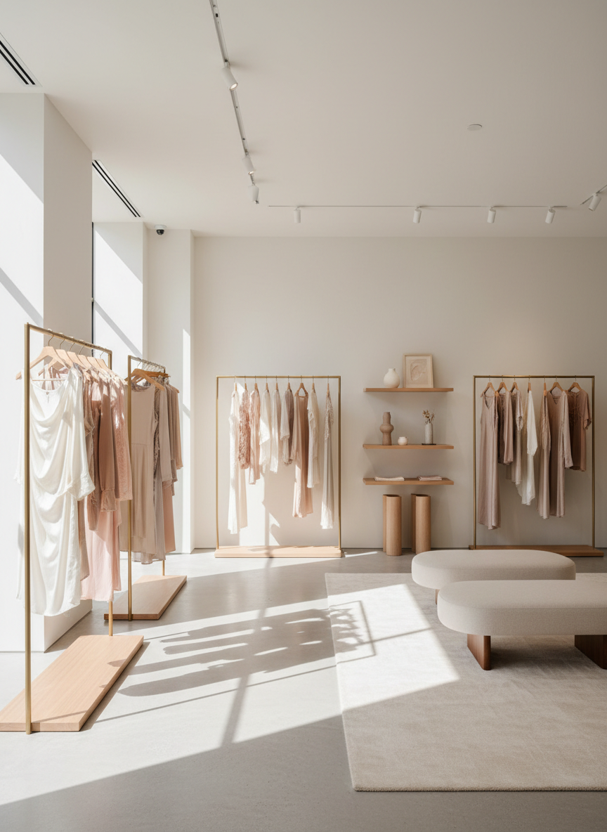 Luxury fashion boutique interior with clothing racks